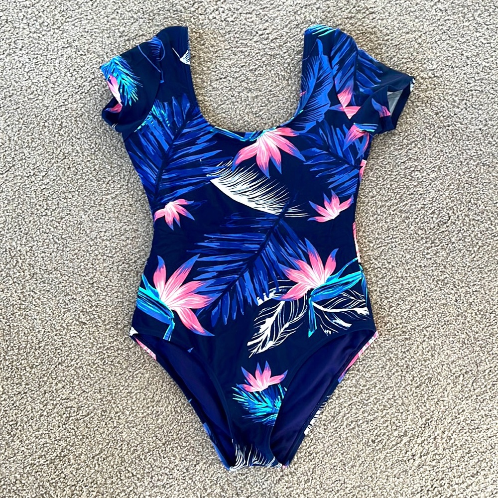 Roxy blue floral short sleeve one-piece swimsuit